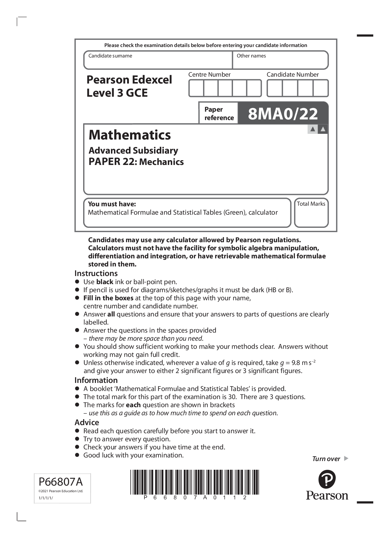 Preview image for Pearson Edexcel GCE Question Booklet + Mark Scheme (Results) November 2021 Mathematics Advanced Subsidiary Level in Mathematics Mechanics Paper 22 8MA0/22